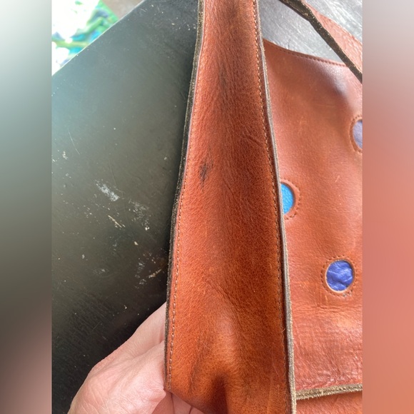 vintage brown genuine leather bag with blue polka dots accents - Picture 8 of 8
